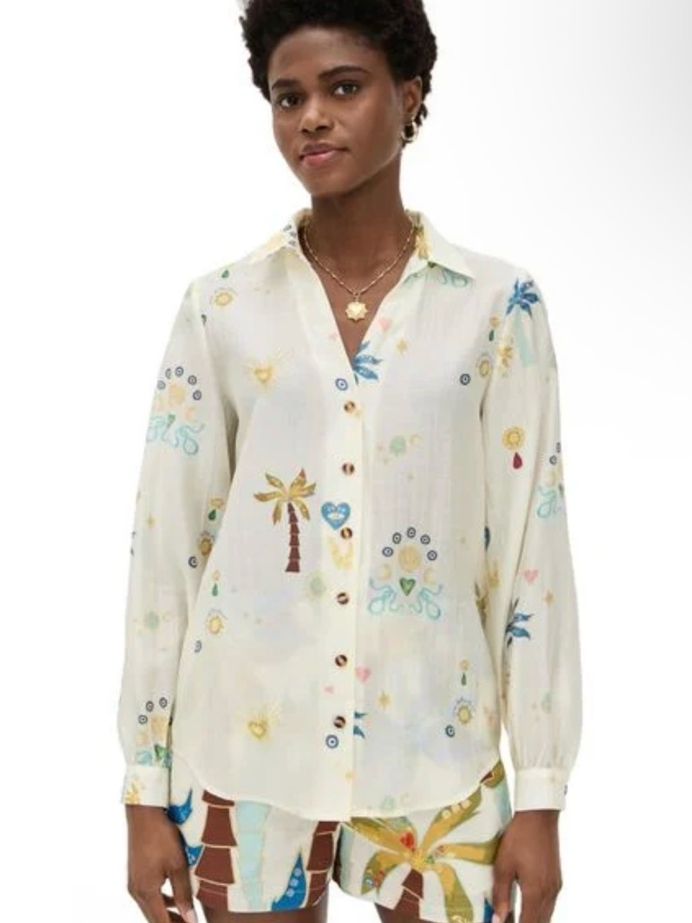 Never Fully Dressed Cream Printed Button-Down Shirt w/ Multicolor Motifs, sz 24w